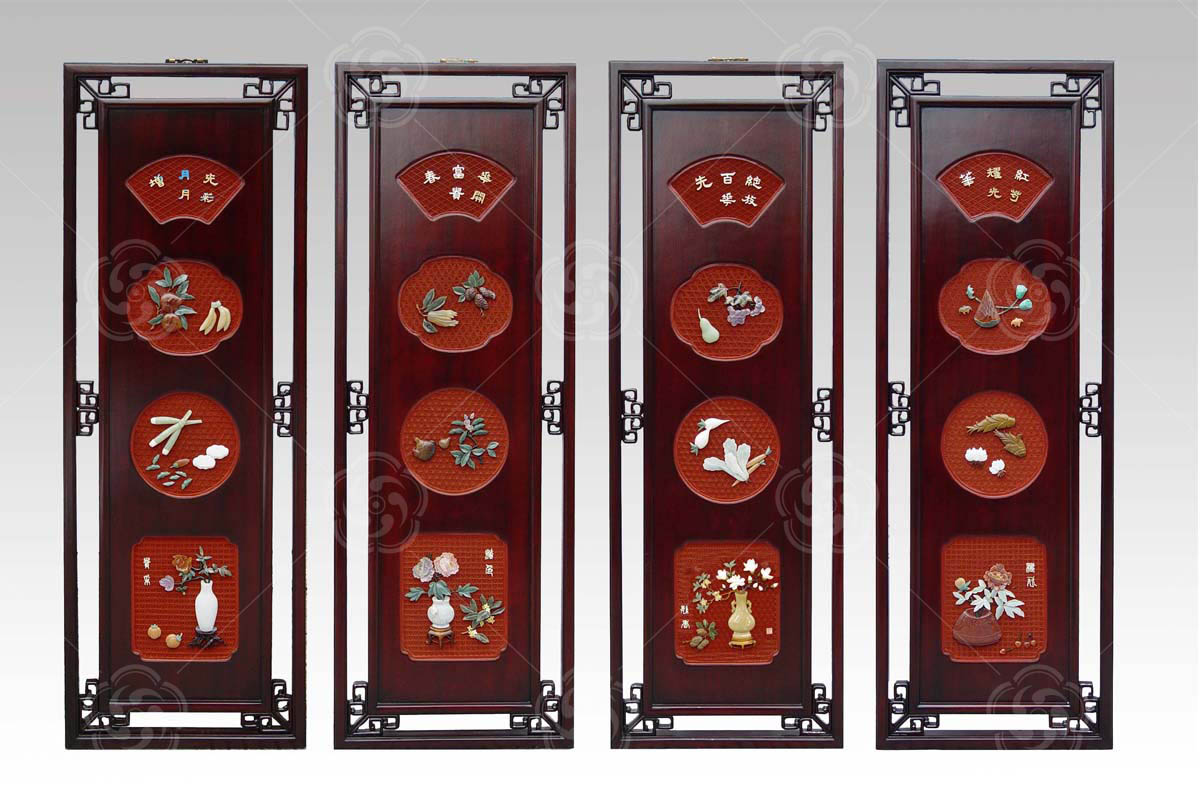 雕漆嵌玉凹堂博古花邊掛屏